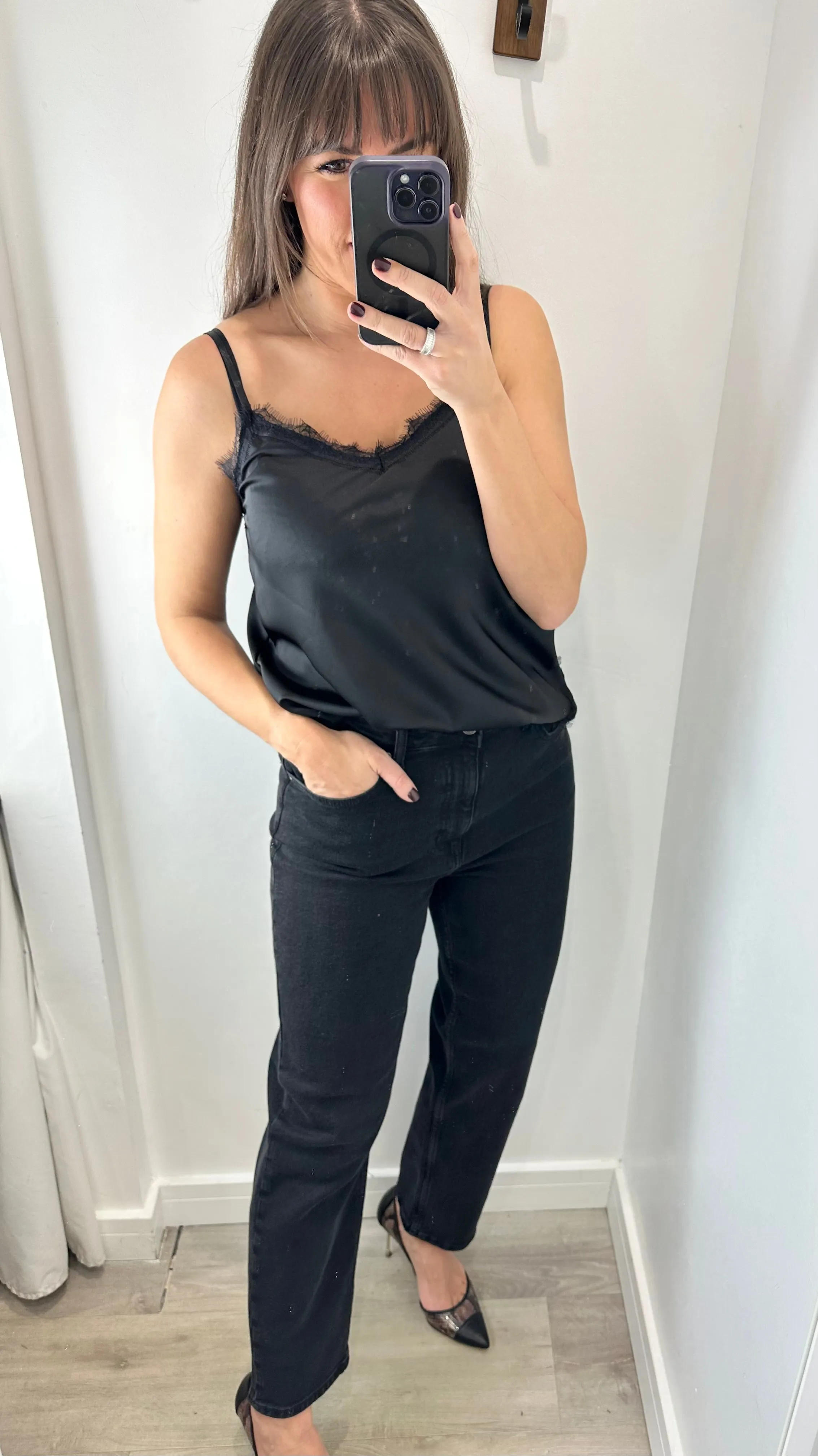 BLACK LACE DETAIL SILK CAMI TOP