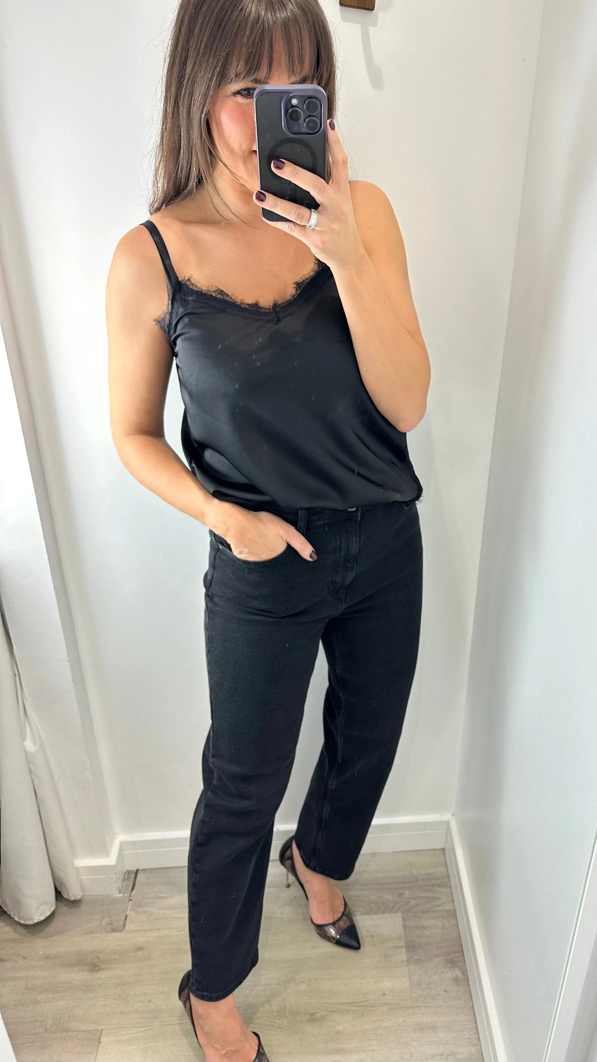 BLACK LACE DETAIL SILK CAMI TOP