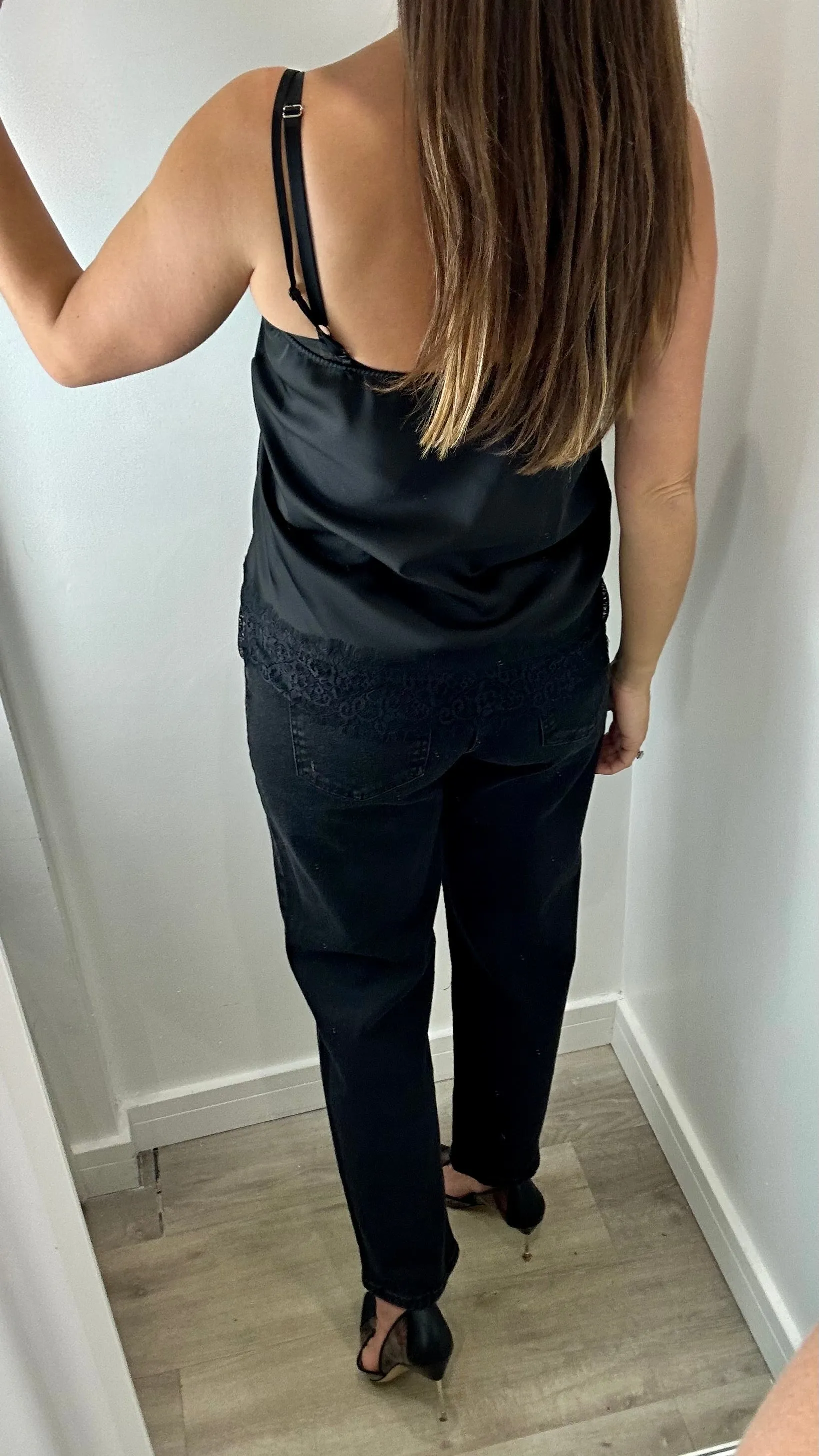 BLACK LACE DETAIL SILK CAMI TOP