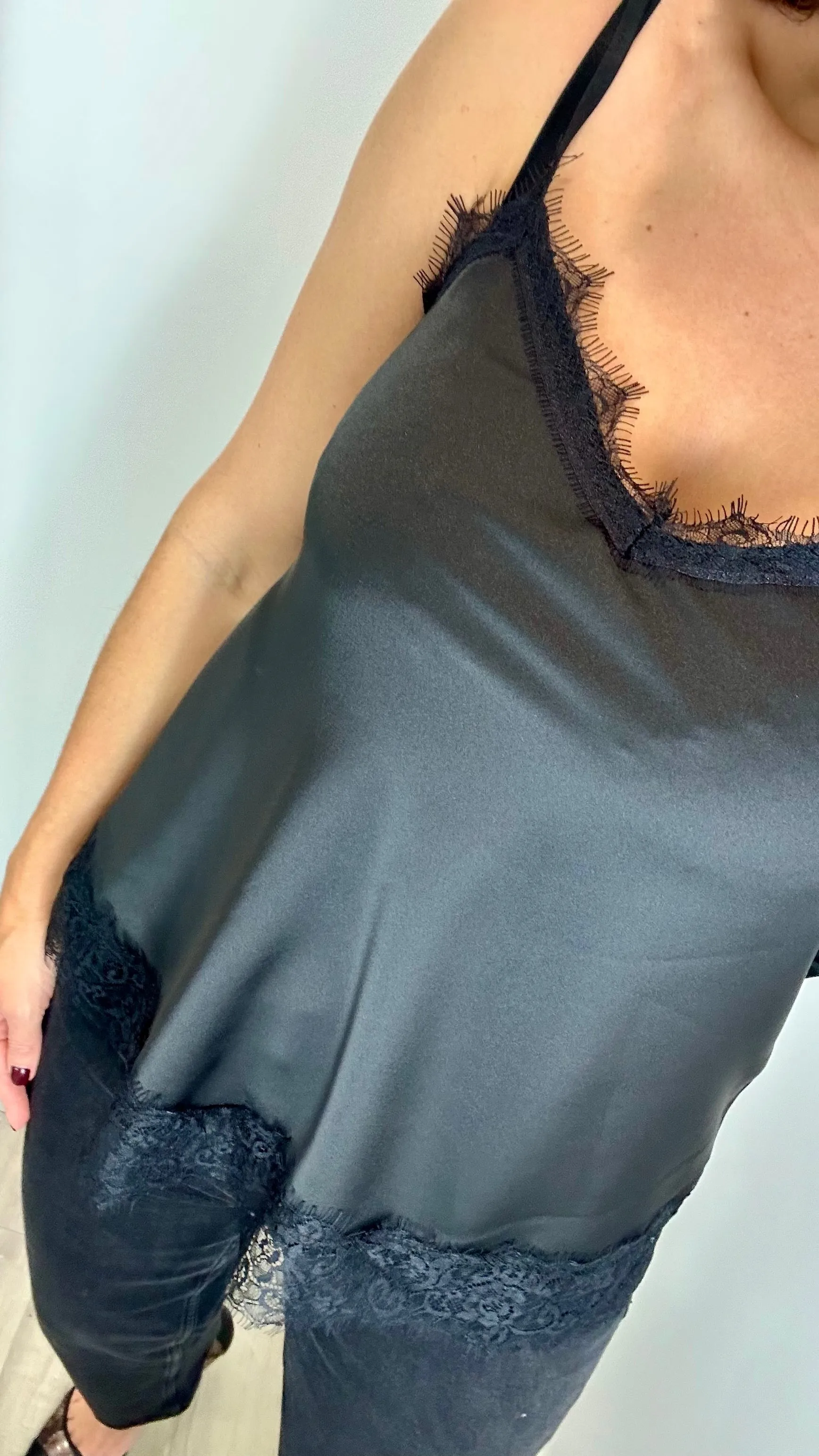 BLACK LACE DETAIL SILK CAMI TOP