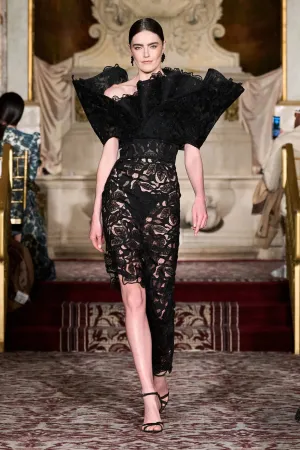 Black Lace Dress with Structured Neckline