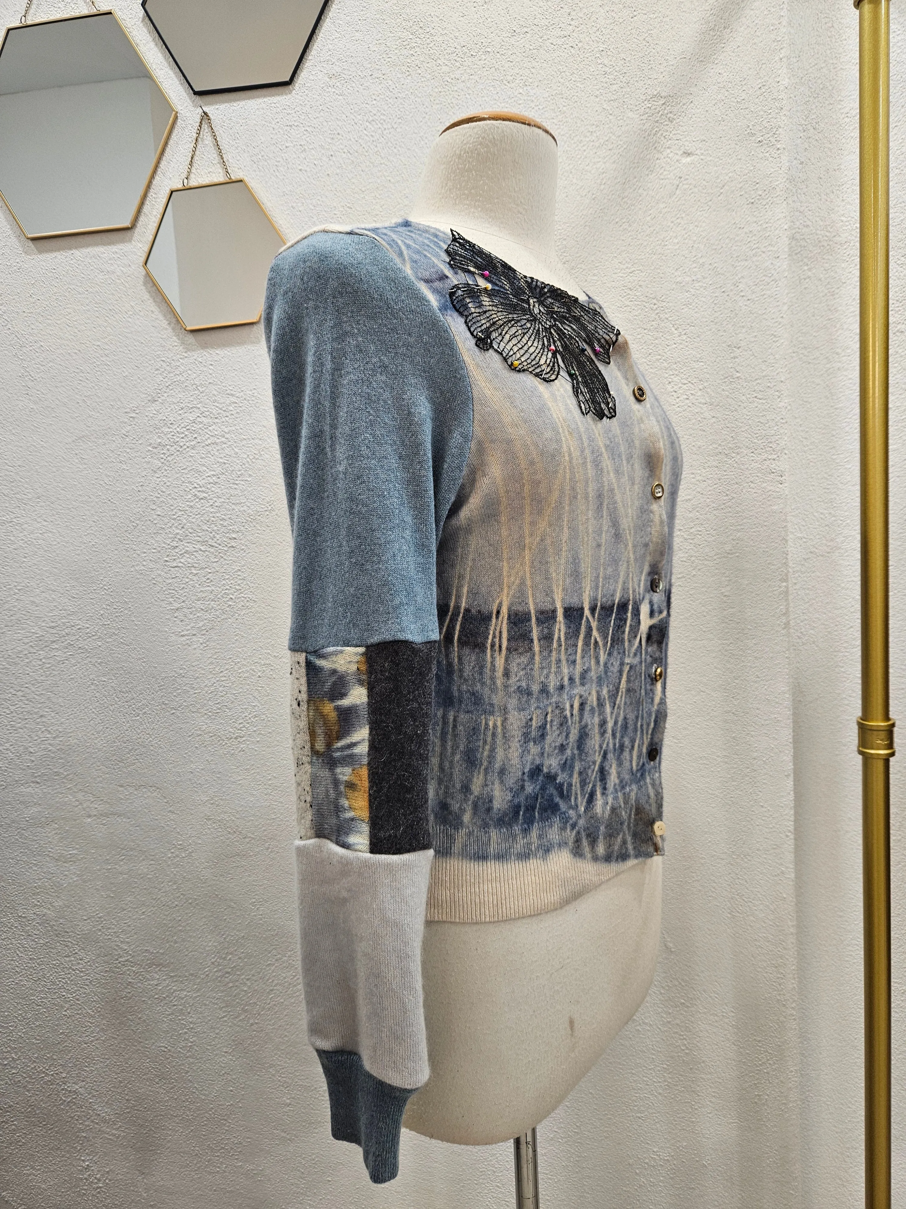 Blue Floral Eco Print Long Cashmere Cardigan - Hand Dyed