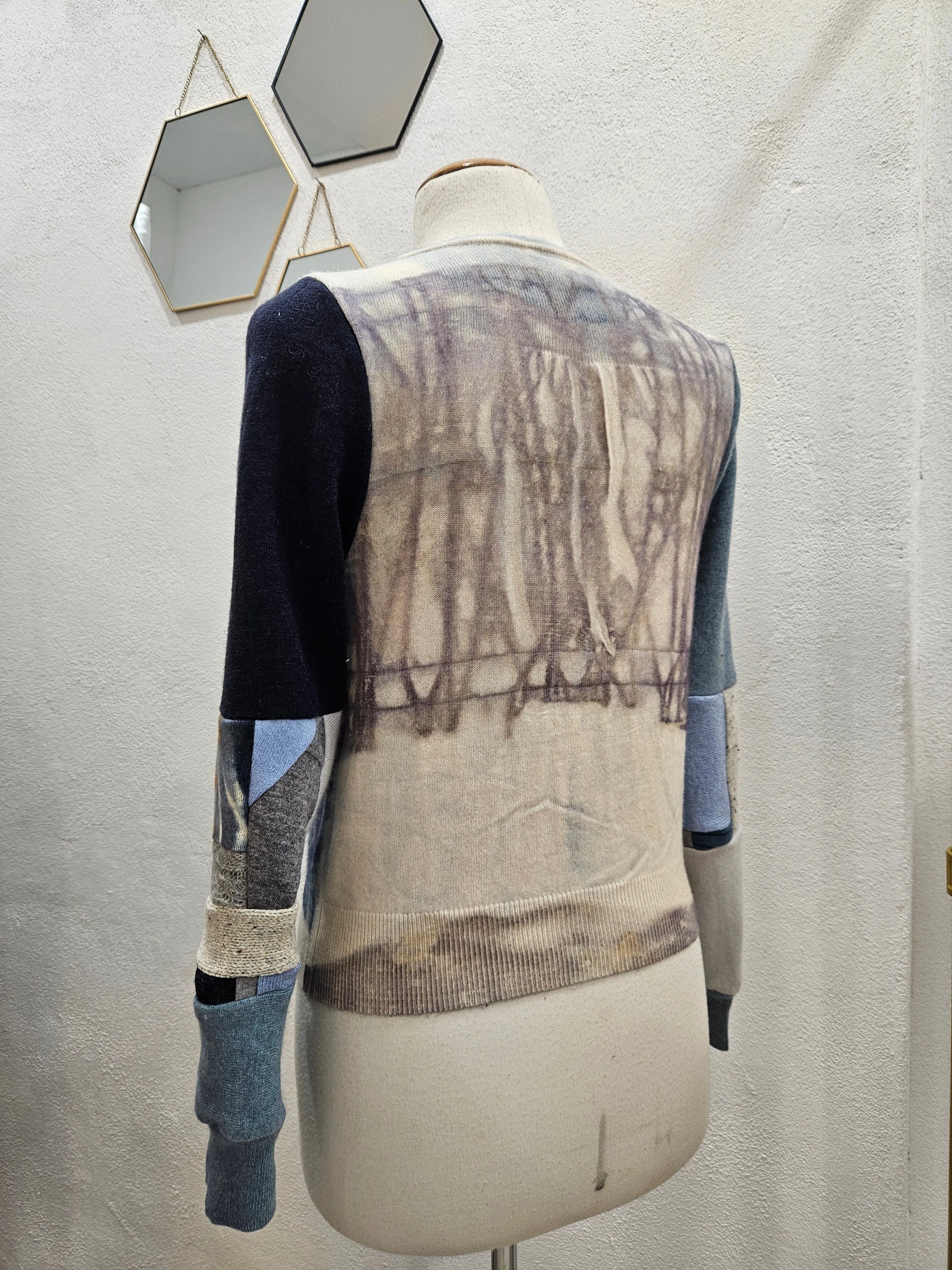 Blue Floral Eco Print Long Cashmere Cardigan - Hand Dyed