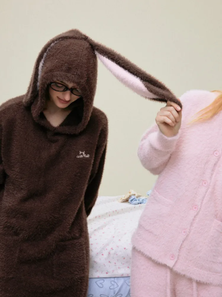 Bunny Ears Hooded Fleece Jacket Shorts Pajama Set