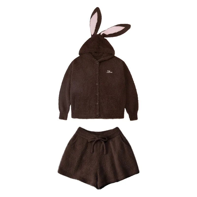 Bunny Ears Hooded Fleece Jacket Shorts Pajama Set