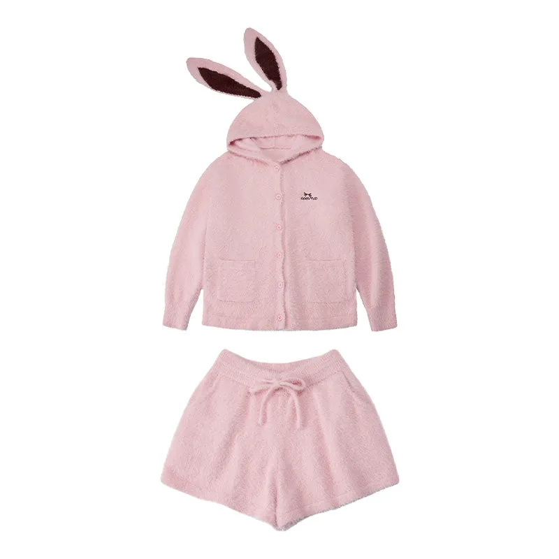 Bunny Ears Hooded Fleece Jacket Shorts Pajama Set