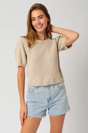 Cammy Puff Sleeve Sweater Top – Oatmeal, Textured Knit, Round Neck