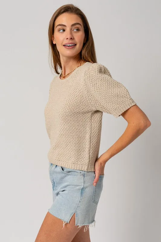 Cammy Puff Sleeve Sweater Top – Oatmeal, Textured Knit, Round Neck