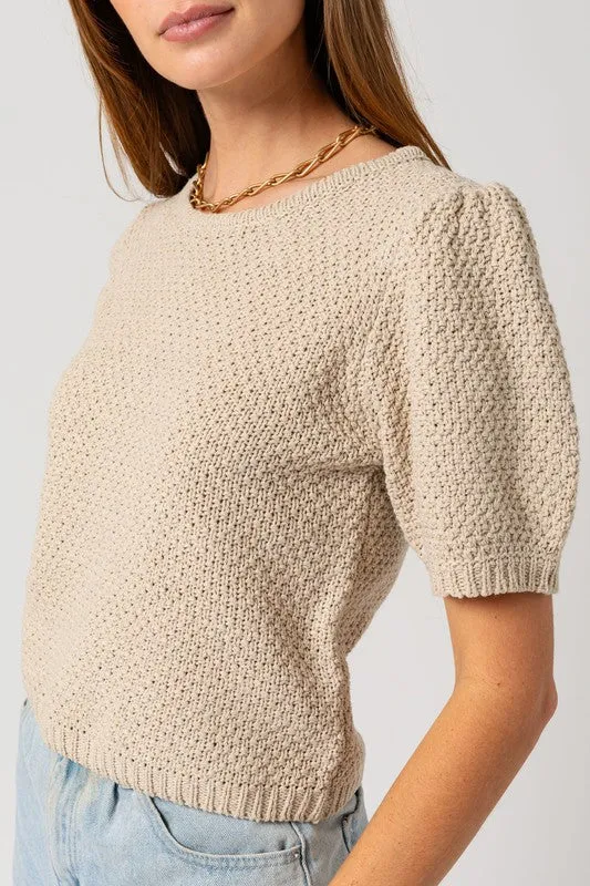 Cammy Puff Sleeve Sweater Top – Oatmeal, Textured Knit, Round Neck