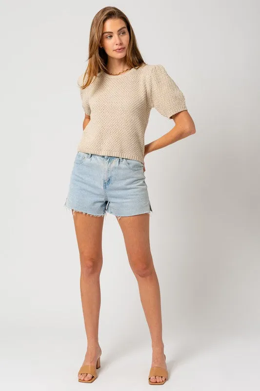 Cammy Puff Sleeve Sweater Top – Oatmeal, Textured Knit, Round Neck