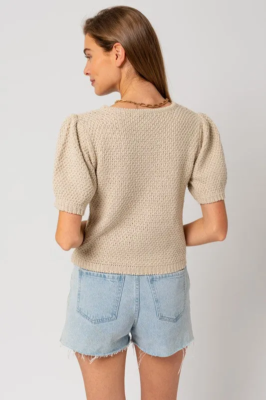 Cammy Puff Sleeve Sweater Top – Oatmeal, Textured Knit, Round Neck