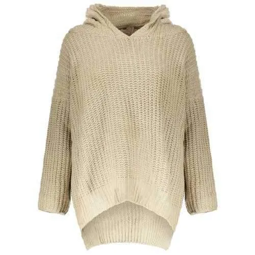 Casual Hooded Long Sleeve Solid Color High-Low Hem Women's Sweater - Khaki One Size