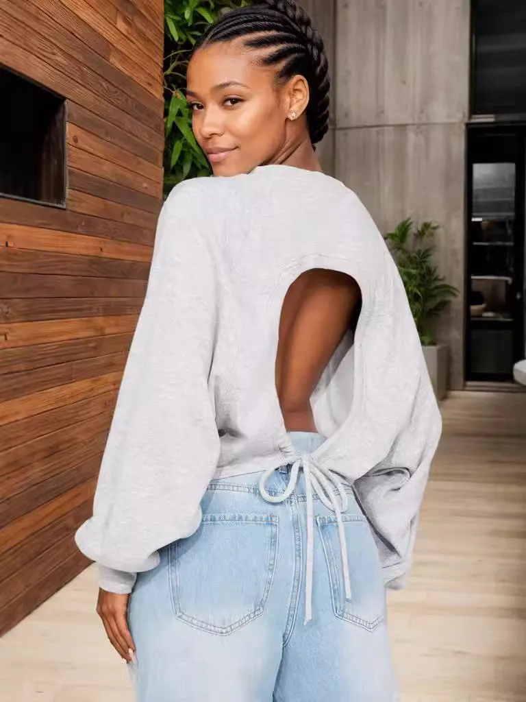 Chic Backless Long-Sleeve Hoodie with Relaxed Fit