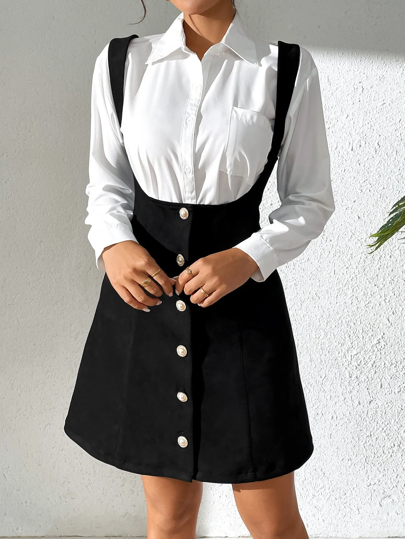 Chic Button-Front High Waist Suspender A-Line Dress