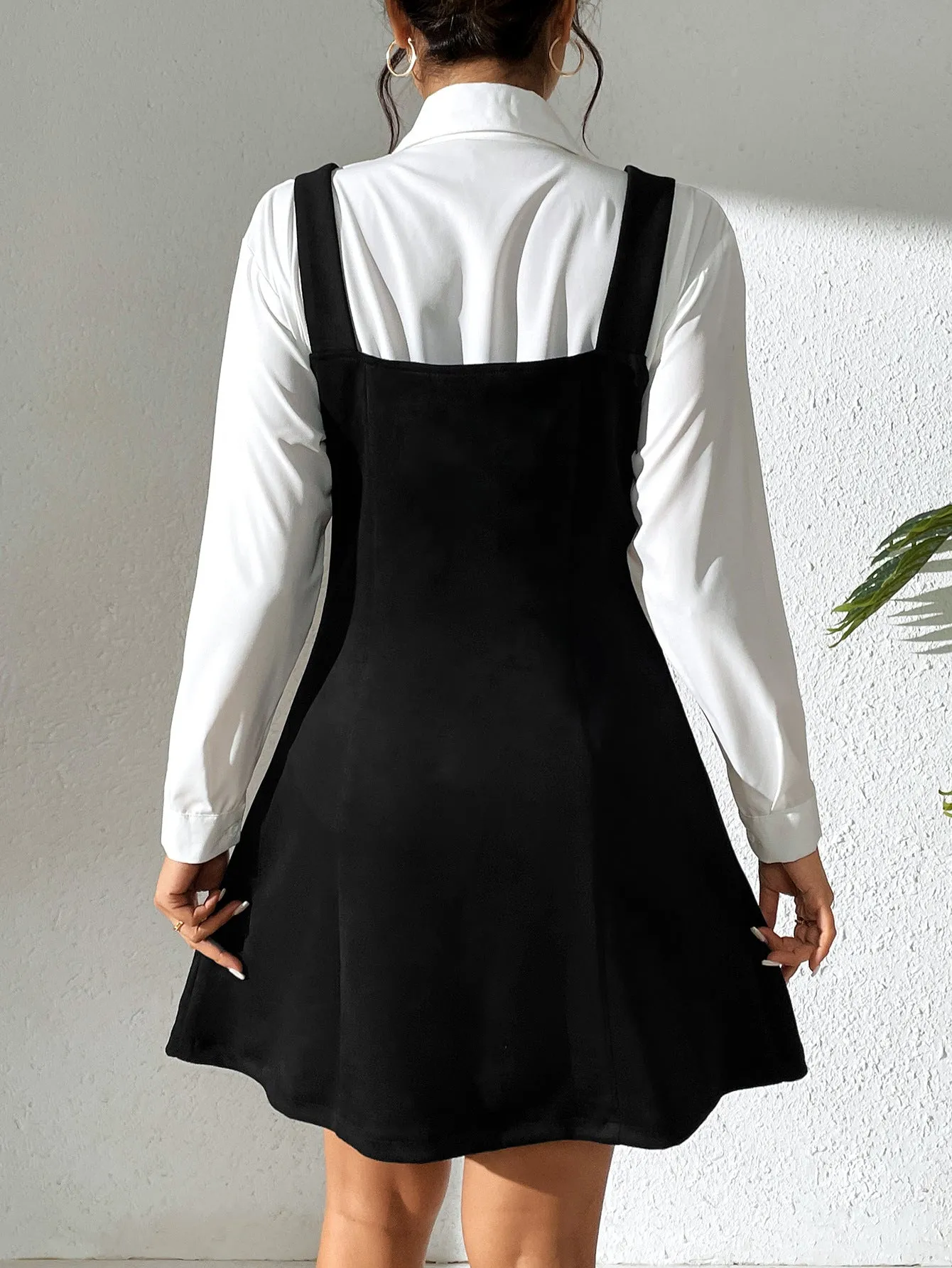 Chic Button-Front High Waist Suspender A-Line Dress