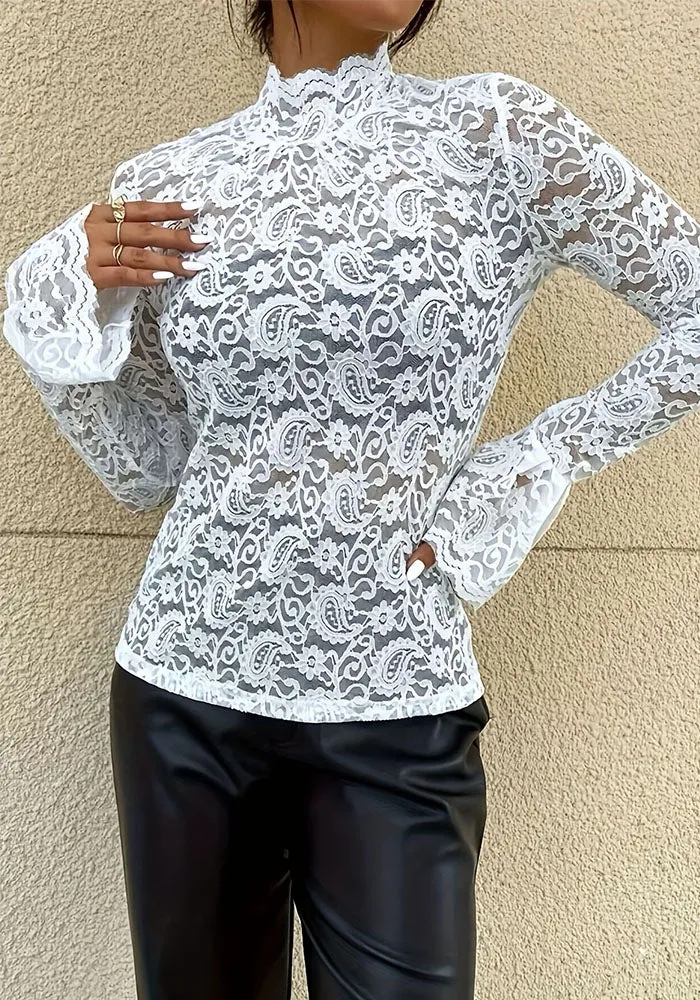 Chic Sheer Lace Bell Sleeve Slim-Fit Statement Top