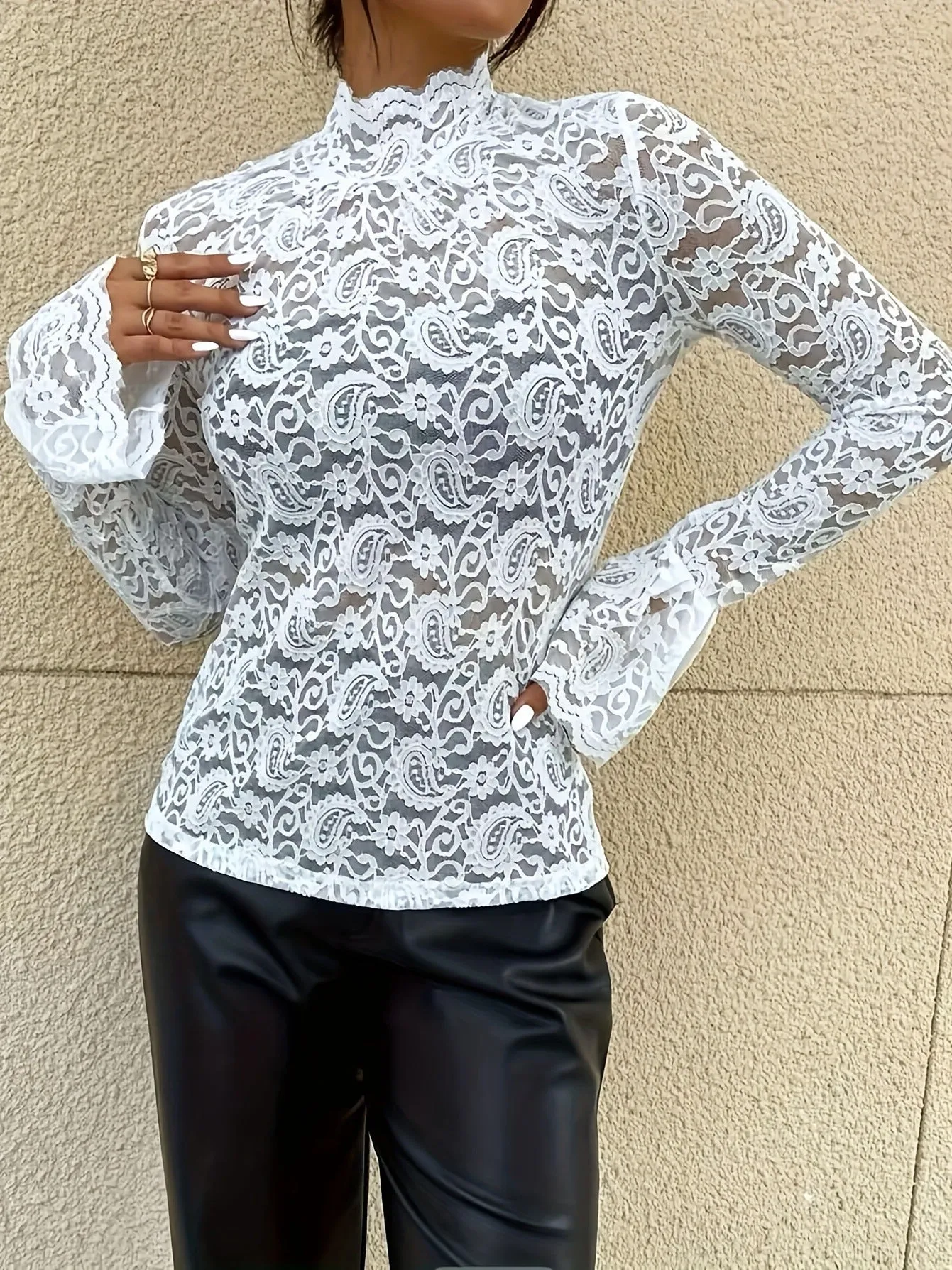 Chic Sheer Lace Bell Sleeve Slim-Fit Statement Top