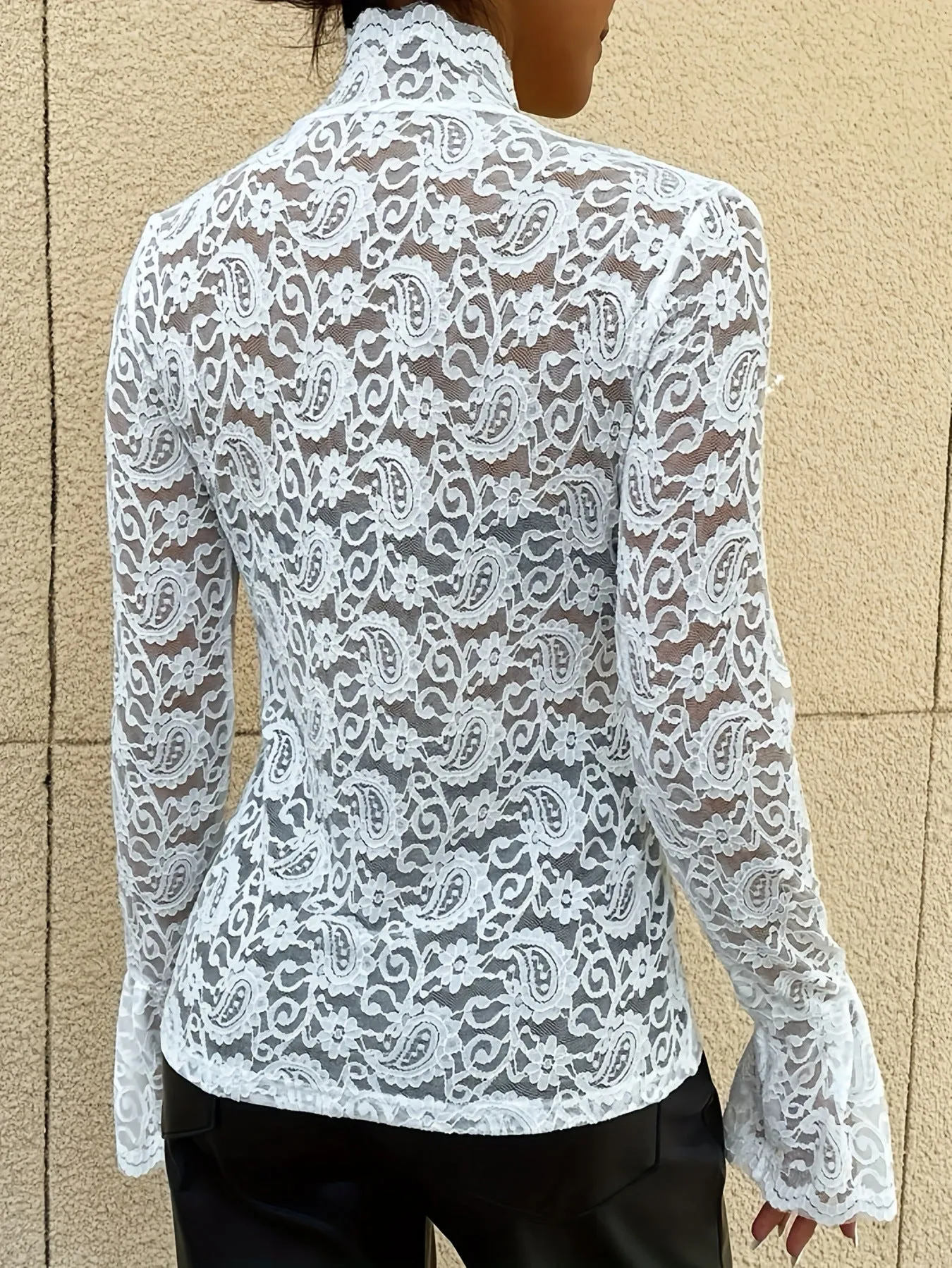 Chic Sheer Lace Bell Sleeve Slim-Fit Statement Top
