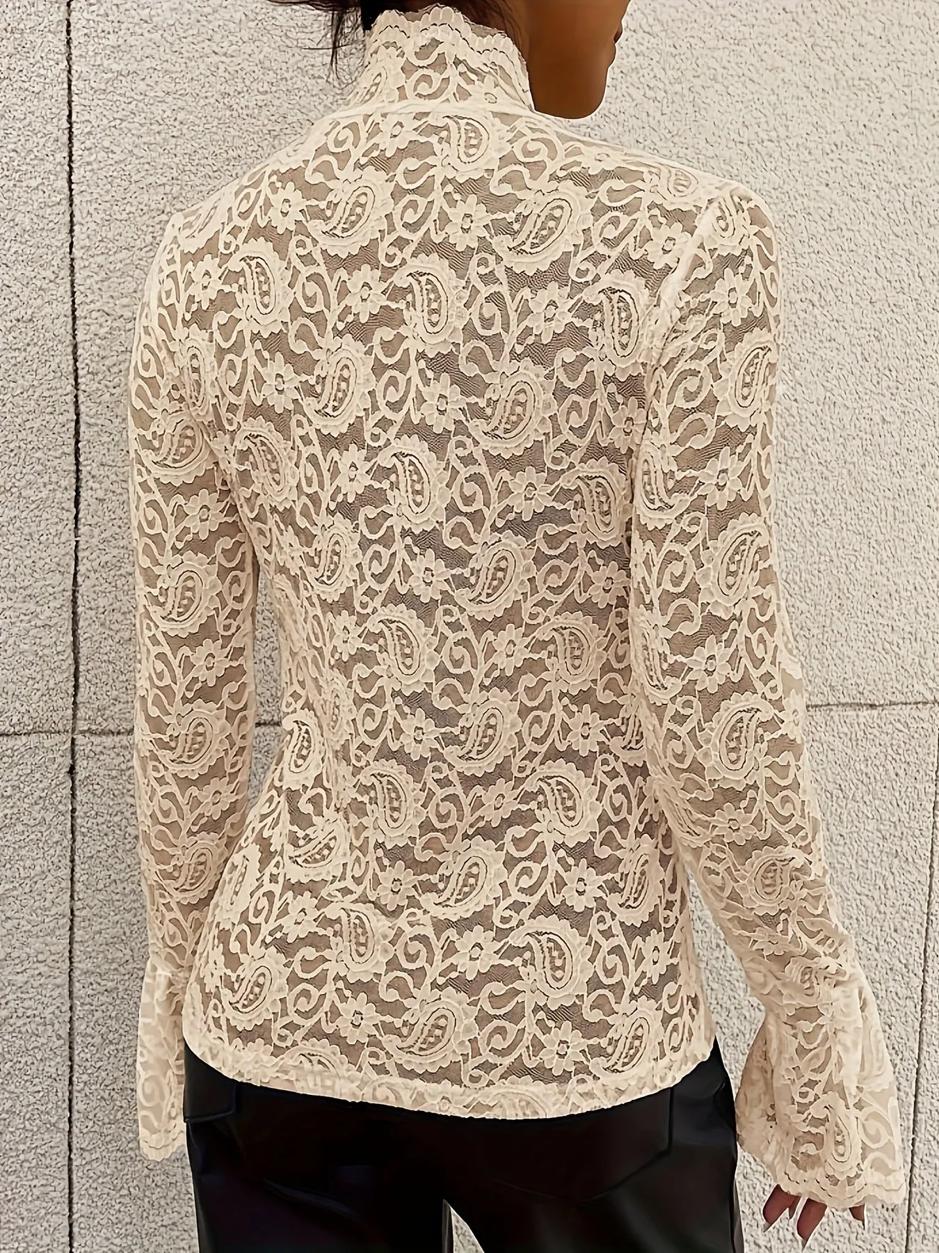 Chic Sheer Lace Bell Sleeve Slim-Fit Statement Top