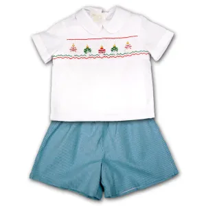 Christmas Ornament White Aqua Gingham Smocked Short Set