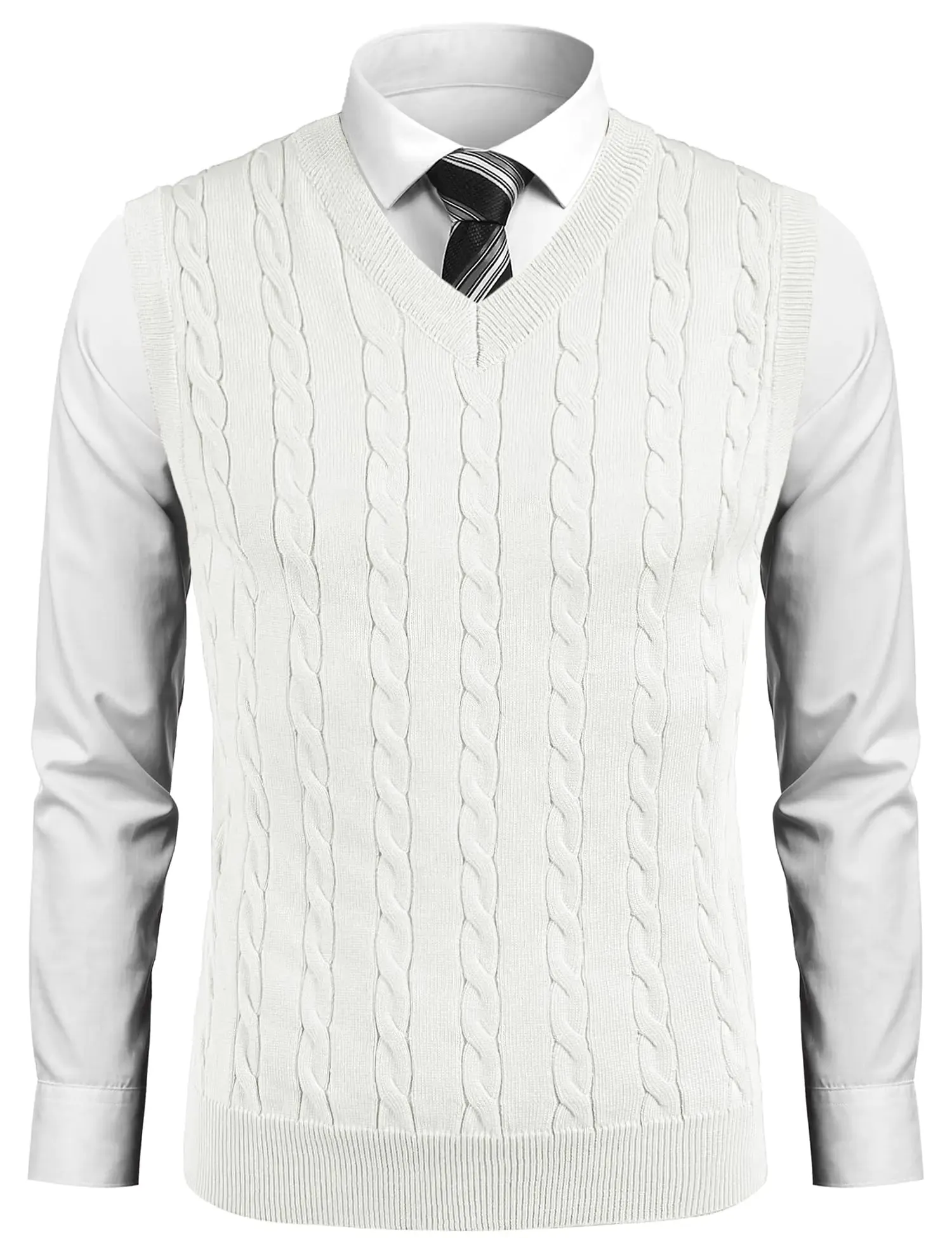 COOFANDY Casual Vest Sweater for Men V Neck Sleeveless Knitted Pullover Vest Sweaters Striped Trim Sweater Vest Fashion Vest White