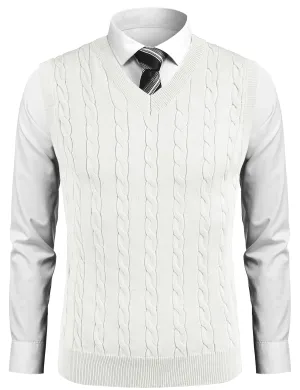 COOFANDY Casual Vest Sweater for Men V Neck Sleeveless Knitted Pullover Vest Sweaters Striped Trim Sweater Vest Fashion Vest White