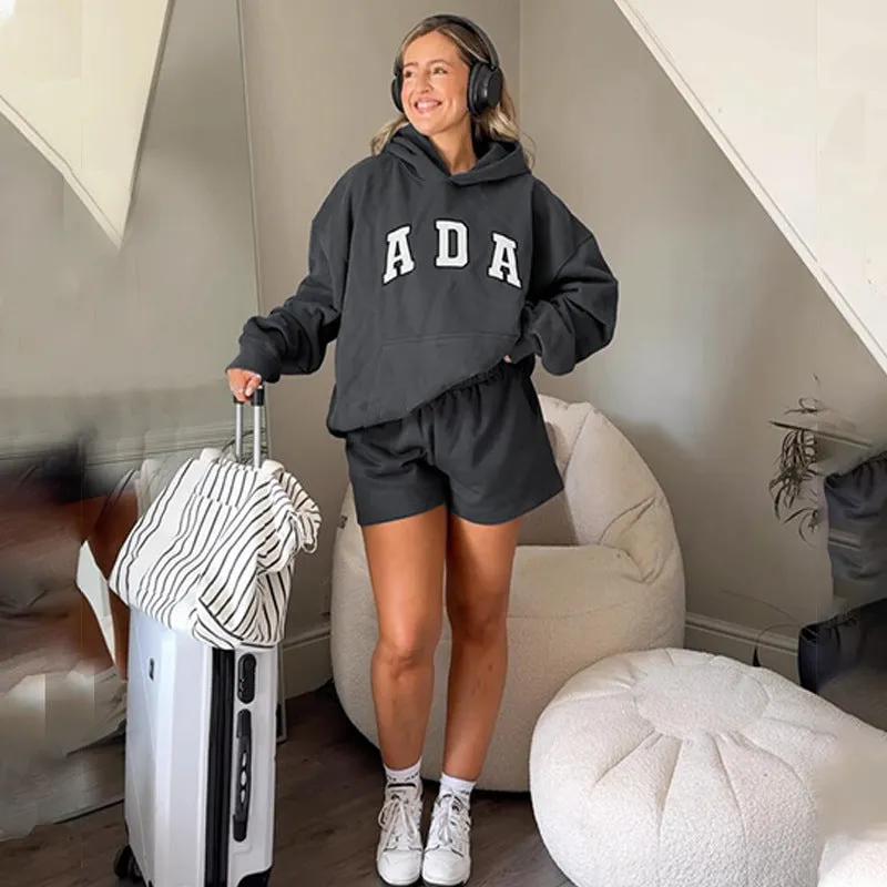 Cozy Winter Letter Print Hoodie and Shorts Two-Piece Set with Effortless Style