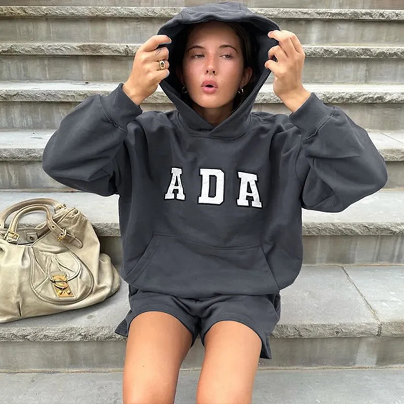Cozy Winter Letter Print Hoodie and Shorts Two-Piece Set with Effortless Style
