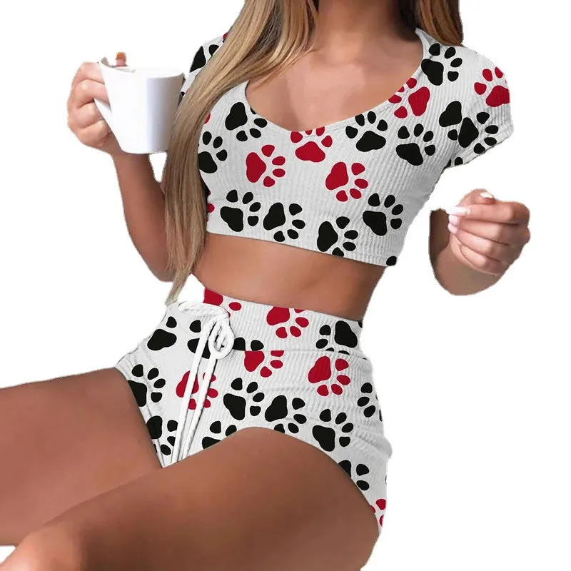 Cute Paw Print Two Piece High Waist Pajama Set