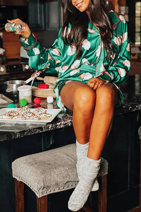 Dear Santa Satin Printed Elastic Waist Pocket Pajama Shorts Set