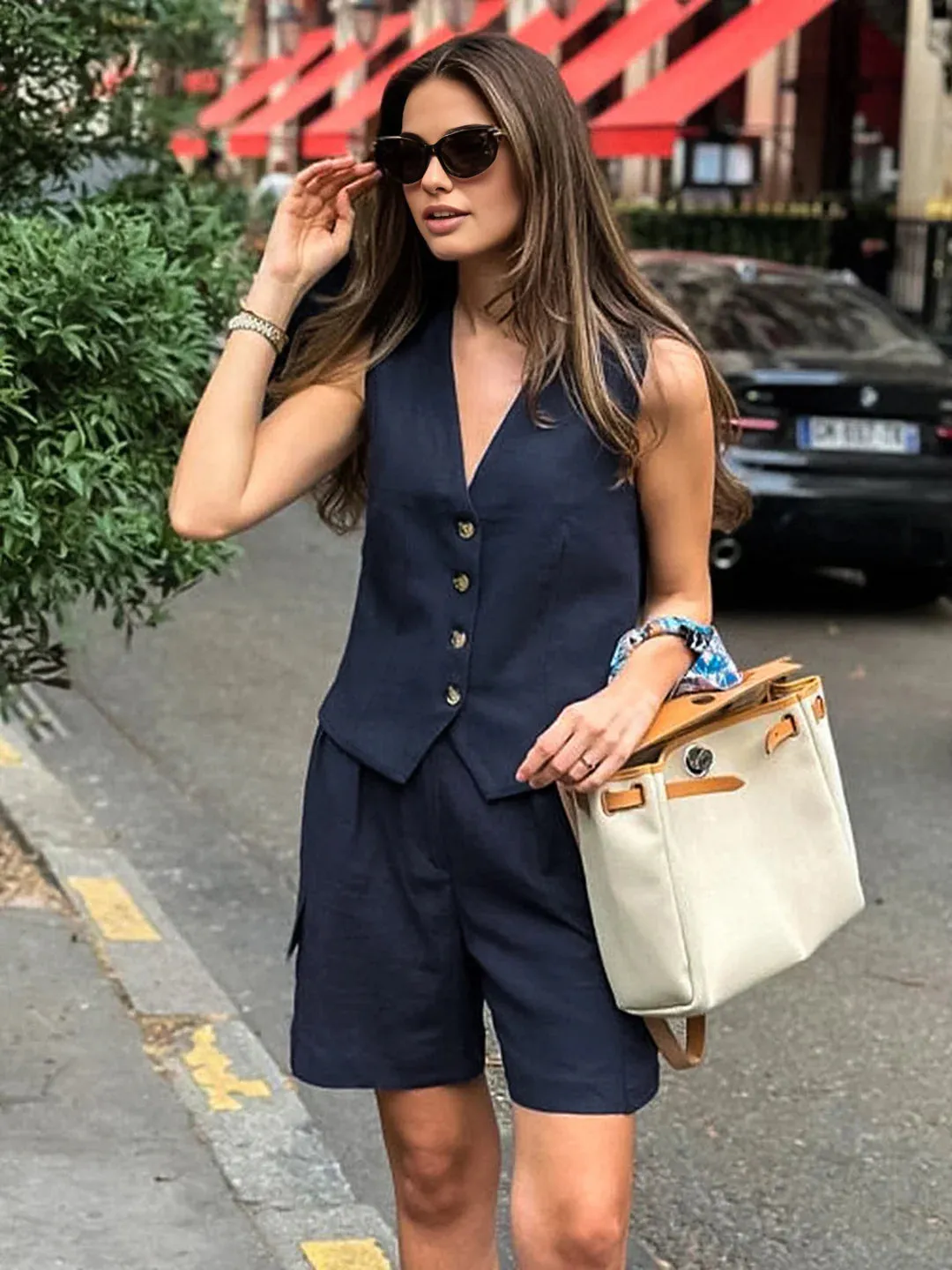 Deep Navy Cotton Casual Tailored Pockets Shorts Set