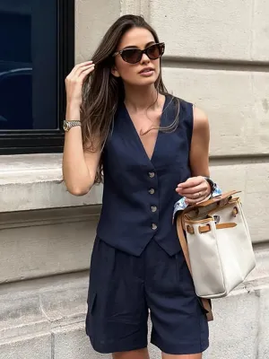 Deep Navy Cotton Casual Tailored Pockets Shorts Set