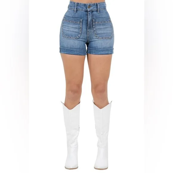 Denim High-Waisted Women's Shorts Willow Studded Denim Short in Medium Wash