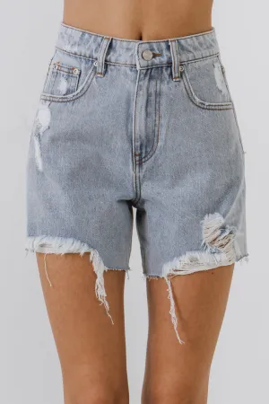 Destroyed Hem Denim Shorts