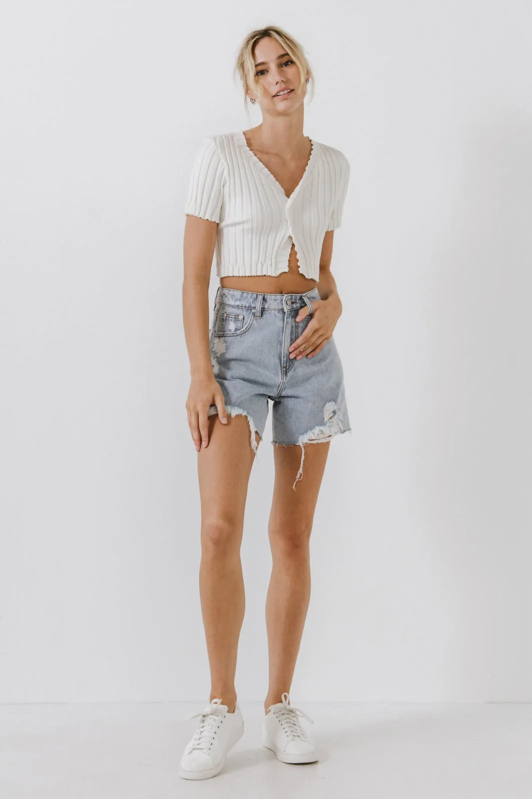 Destroyed Hem Denim Shorts
