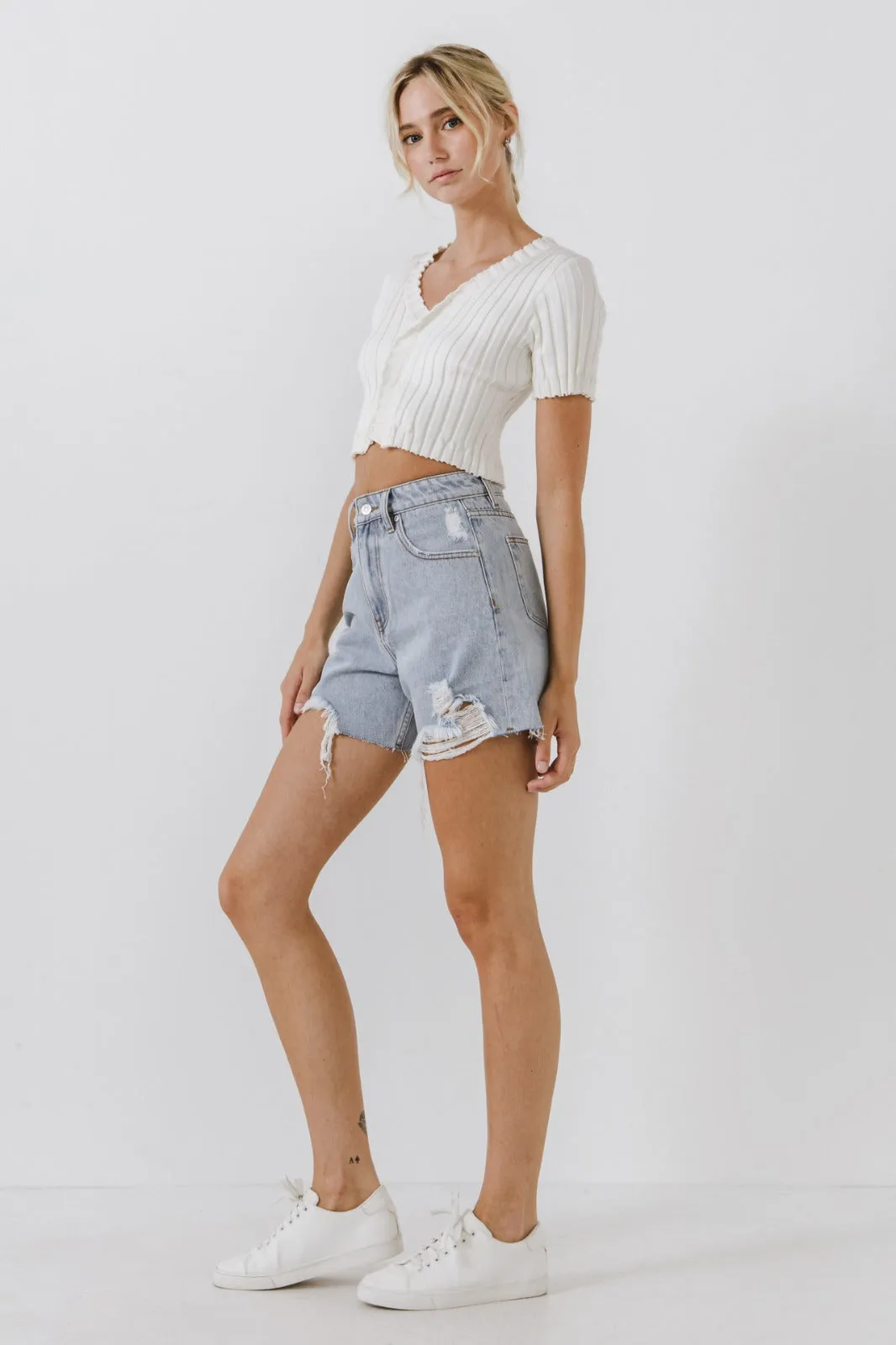 Destroyed Hem Denim Shorts