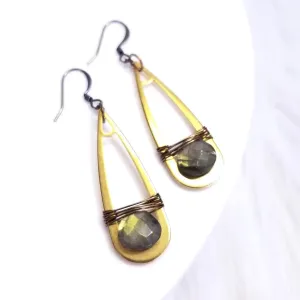 Edgy Petal - Earrings - Elongated Brass Teardrop (Labradorite) #LE-8