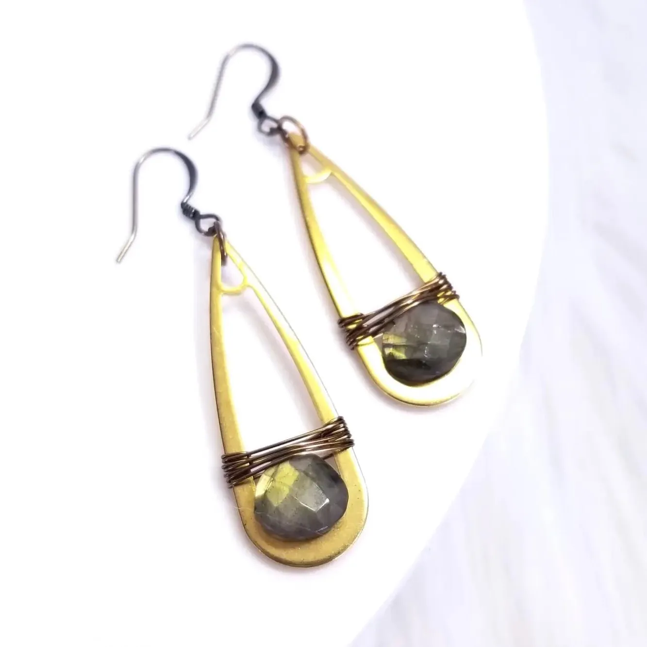 Edgy Petal - Earrings - Elongated Brass Teardrop (Labradorite) #LE-8