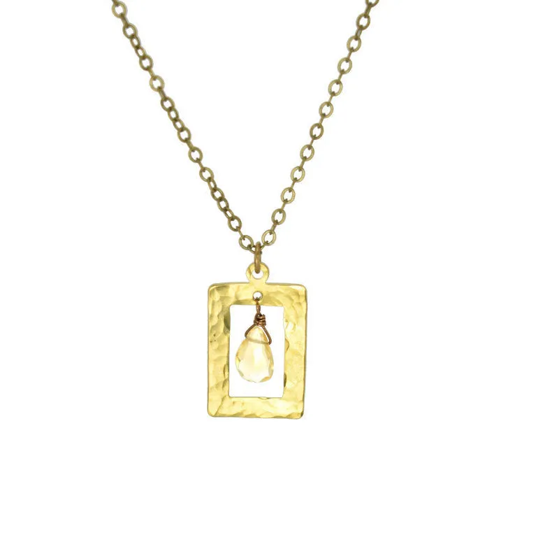 Edgy Petal - Necklace - Hammered Rectangle Frame (Citrine) #CI-20