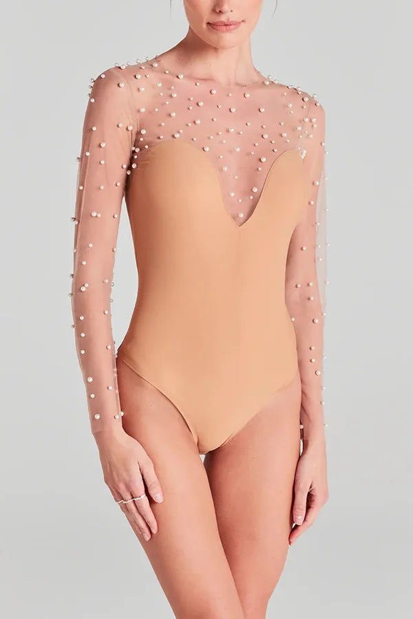 Elegant Sheer Pearl-Embellished Long Sleeve Bodysuit