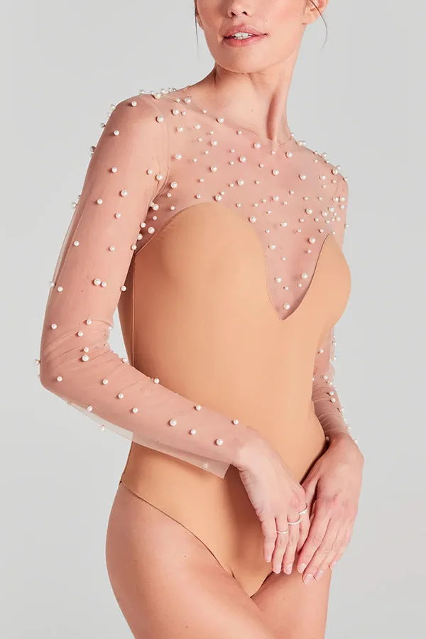 Elegant Sheer Pearl-Embellished Long Sleeve Bodysuit