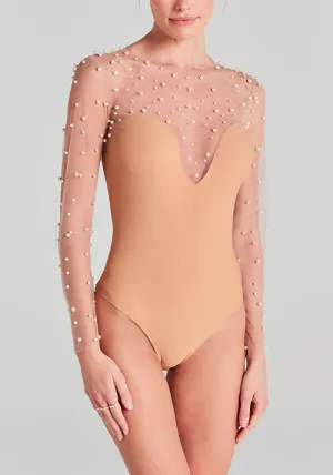 Elegant Sheer Pearl-Embellished Long Sleeve Bodysuit
