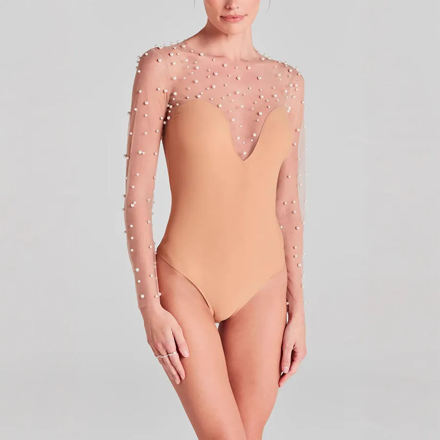 Elegant Sheer Pearl-Embellished Long Sleeve Bodysuit