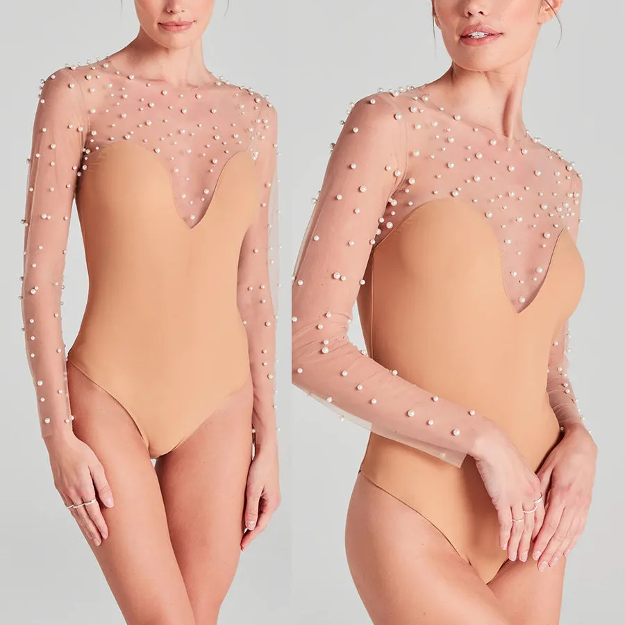 Elegant Sheer Pearl-Embellished Long Sleeve Bodysuit