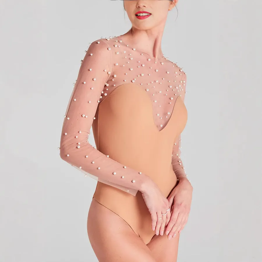 Elegant Sheer Pearl-Embellished Long Sleeve Bodysuit