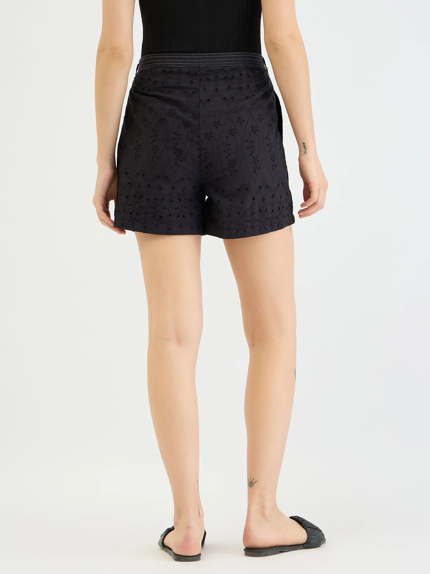 Elle Women Black Relaxed Fit Schiffli Shorts