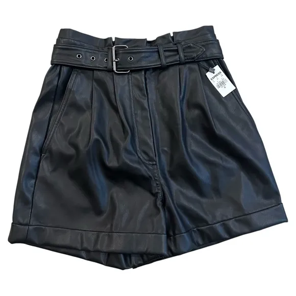 Express High Waisted Vegan Leather Black Belted Shorts NWT