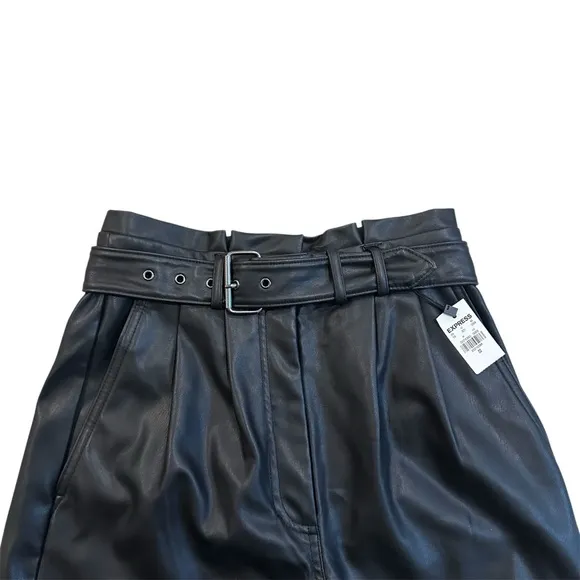 Express High Waisted Vegan Leather Black Belted Shorts NWT