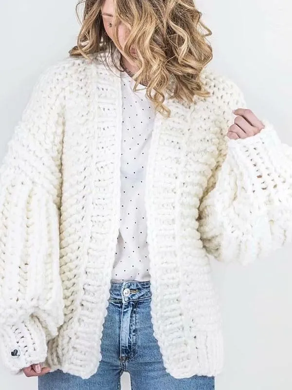Fashion Knitting Solid Color Long Puff Sleeves Sweater