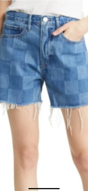 FRAME- High Rise Vintage Short Raw Fray Indigo Check